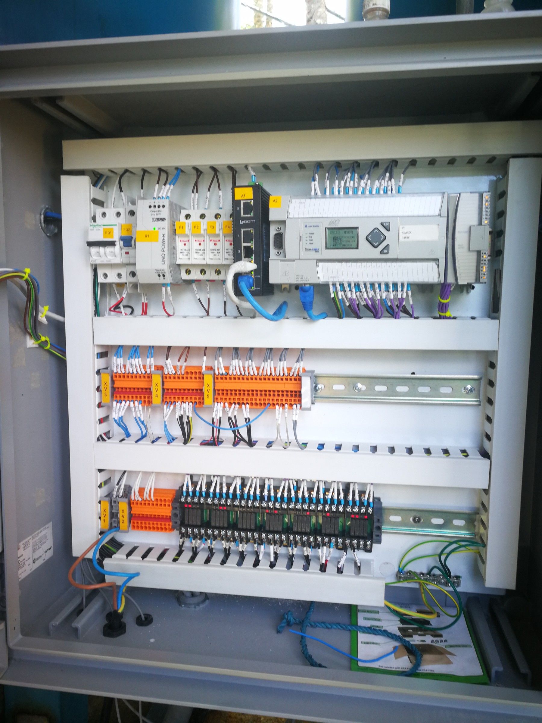 Tablero de control con PLC, borneras y cableado ordenado